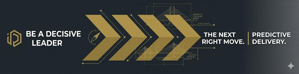 Decisive Leader wide banner: Be a Decisive Leader, forward chevrons, and tagline The Next Right Move — Predictive Delivery. Wording appears inside the image.