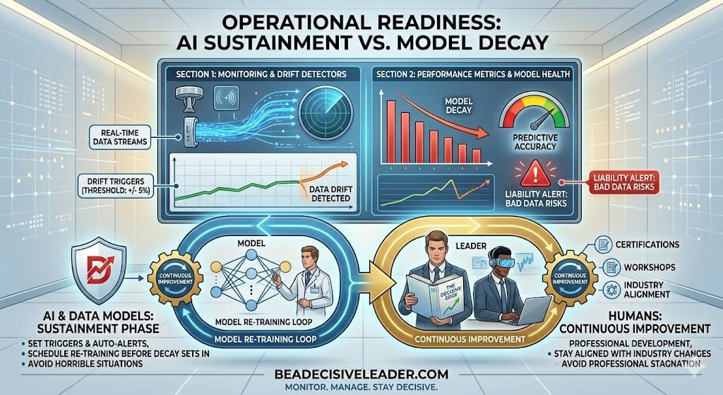 Infographic: operational readiness for AI sustainment versus model decay—monitoring, drift, retraining loops, and parallel human continuous improvement. Full text is in the image.