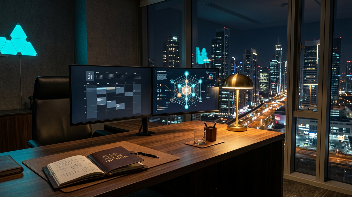 The 1% Sunday: The Operations Hub. A high-end, minimalist home office at twilight. A dark wood desk features an open leather-bound planner with the headers Audit, Align, Anchor. Beside it, two holographic glass displays show a color-coded calendar labeled The Coming Week and the Capacity Matrix cube filled with gold and blue spheres. A sleek gold architectural lamp illuminates the workspace. In the background, a glowing Decisive Edge Triangle is projected on the wall.