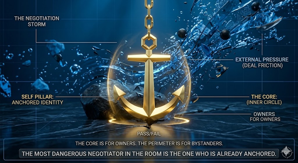 The Anchor Effect: Identity as a Strategic Weapon. A high-contrast macro 3D render of a polished golden anchor embedded deep into a dark textured seabed. To the right, a violent negotiation storm of chaotic blue water and dark debris crashes against the anchor while it remains motionless. A golden aura surrounds the anchor, with technical labels for "Self Pillar" and "External Pressure" over an architectural blue grid.