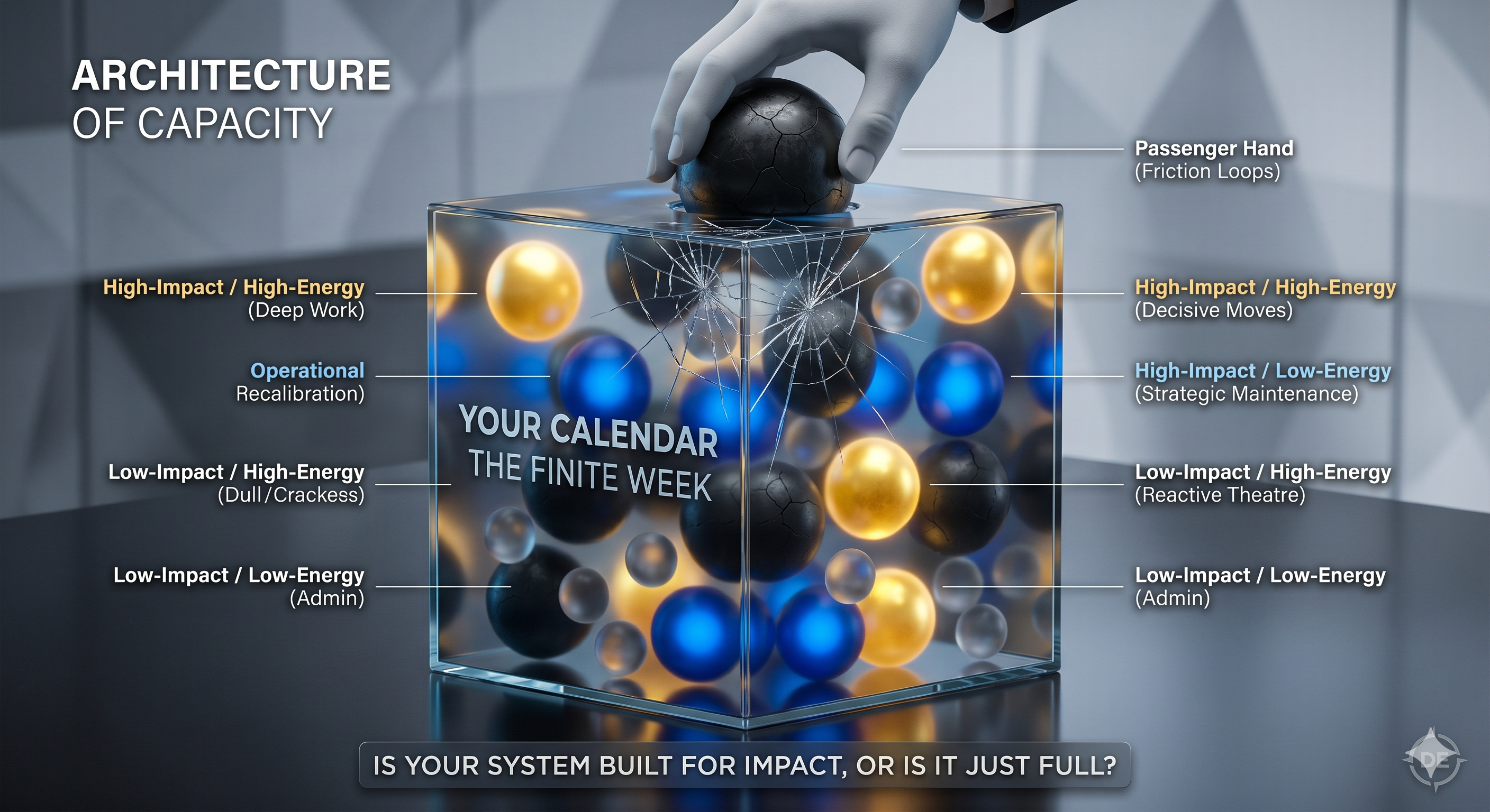 The Capacity Container — a finite week: geometric glass cube labeled “The Finite Week,” full of spheres representing work types; a hand forces another sphere in, cracking the glass. Cool gold and blue lighting, abstract matrix background.