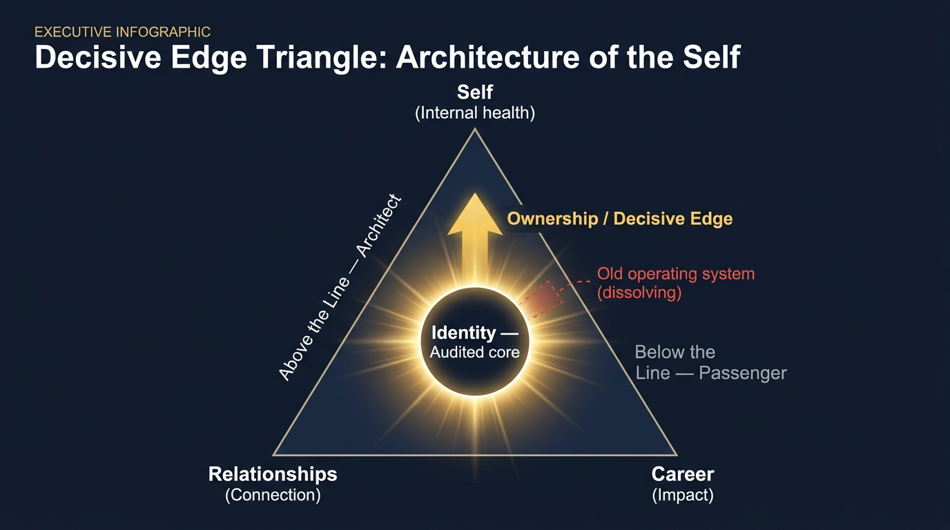 A professional infographic visualizing the Decisive Edge Triangle: Self, Relationships, and Career as three pillars supported by a central radiant core of Identity, contrasting Above the Line Architect thinking with Below the Line Passenger behavior, with a small red-dashed Old Operating System fragment dissolving in the core.