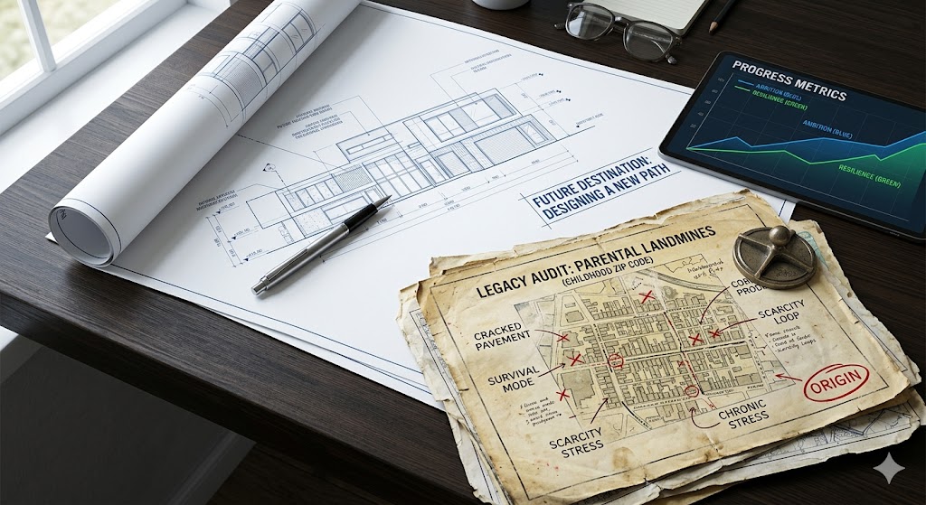 A top-down view of a professional desk featuring a modern architectural blueprint for a new path, partially covering an old, weathered map labeled Legacy Audit: Parental Landmines, with notes on survival mode and scarcity.