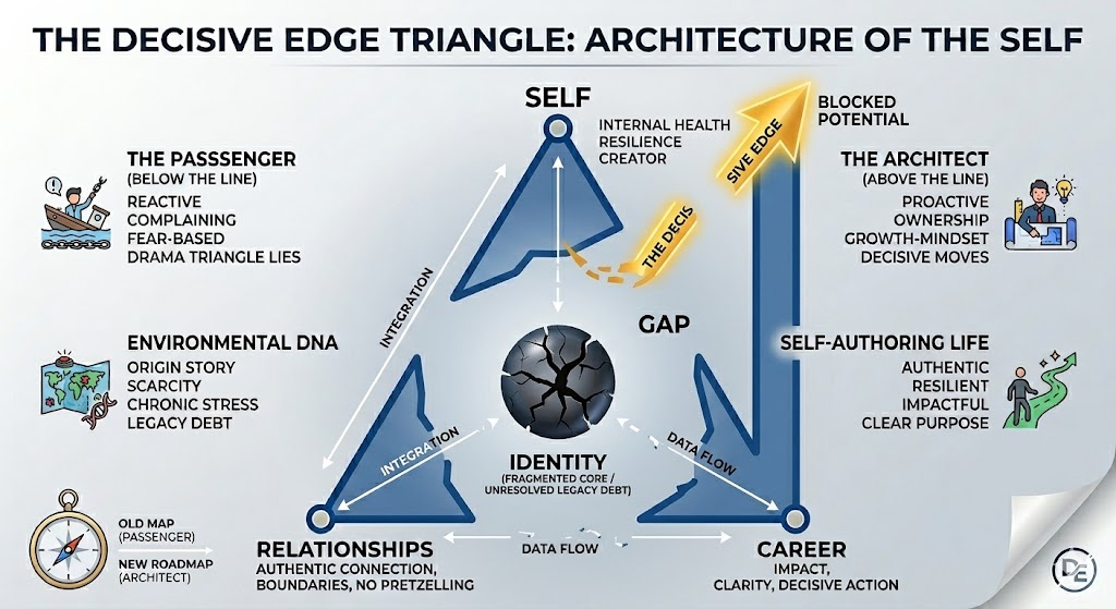 The Imposter Paradox: Identity vs. Career Misalignment — the Decisive Edge Triangle with an oversized Career pillar, a small cracked Identity Core labeled Fragmented Core / Unresolved Legacy Debt, and a broken golden arrow labeled The Decisive Edge showing the gap when success outpaces self-authorship.