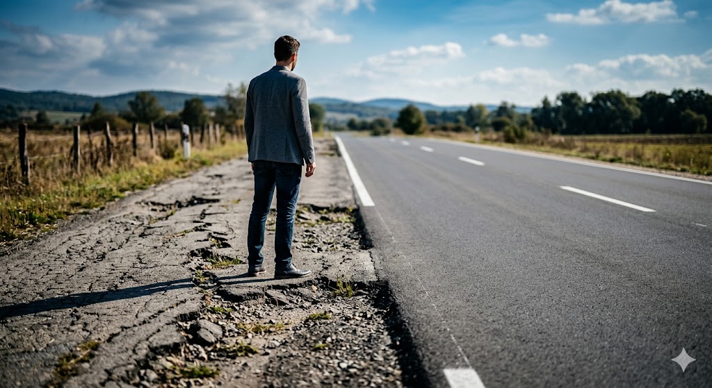 A conceptual photograph from behind, showing a person standing on a severely cracked and fractured pavement that sharply transitions into a smooth, newly paved dark asphalt road, symbolizing the journey from a troubled past to a future full of progress.