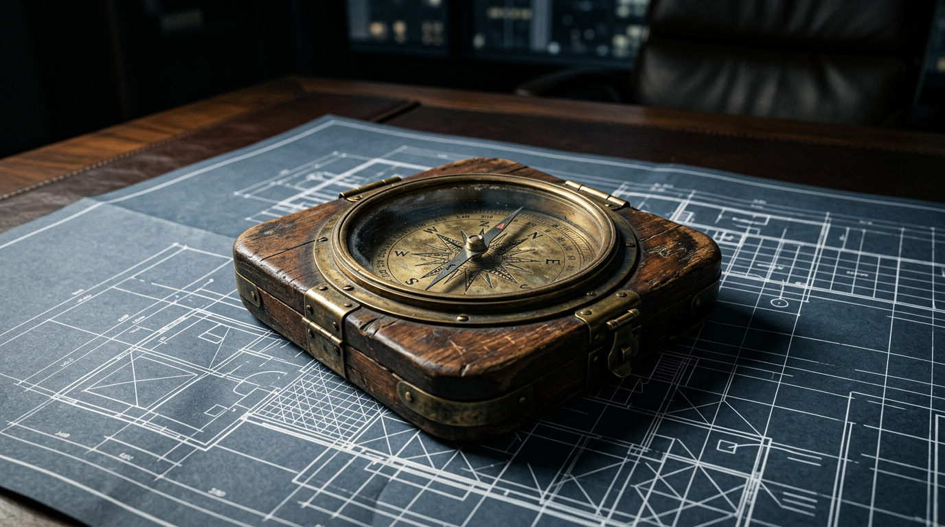 An old compass on a modern blueprint, symbolizing the transition from an origin story to a designed future.