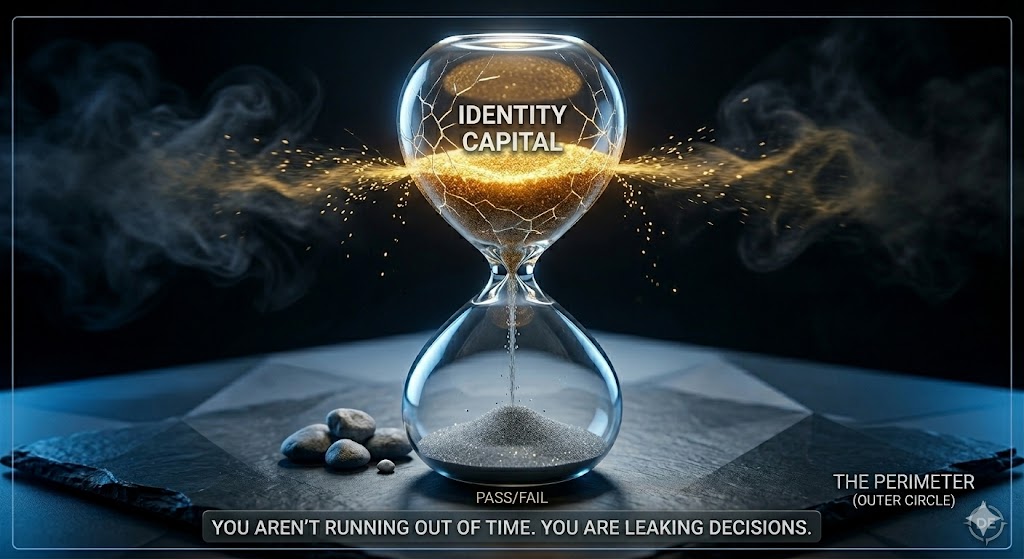 The Thursday Leak: Visualizing Decision Debt. A dramatic macro 3D render of a minimalist glass hourglass on a dark reflective surface. The top bulb is filled with glowing golden sand labeled "IDENTITY CAPITAL," but the glass is covered in spiderweb cracks. Golden sand leaks through the cracks into a dark, smoky void while the bottom bulb holds only a small amount of gray sand. High-contrast lighting uses deep blues and glowing golds.
