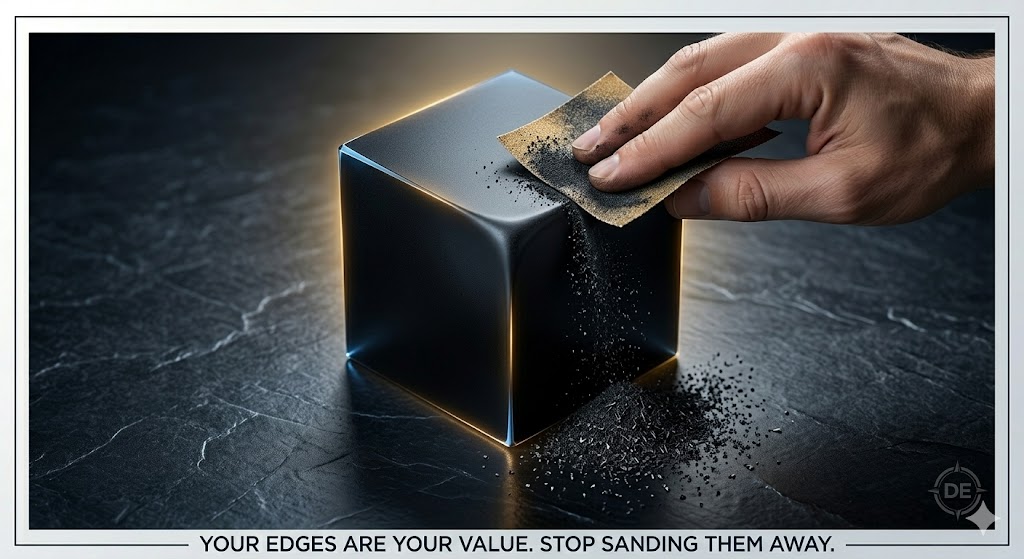 The Human Pretzel: the cost of conformity — a macro 3D render of a sharp black geometric cube being sanded down by a hand; one corner is becoming smooth and rounded, black dust falling onto a dark reflective surface, dramatic professional lighting emphasizing sharp edges versus the rounded corner.